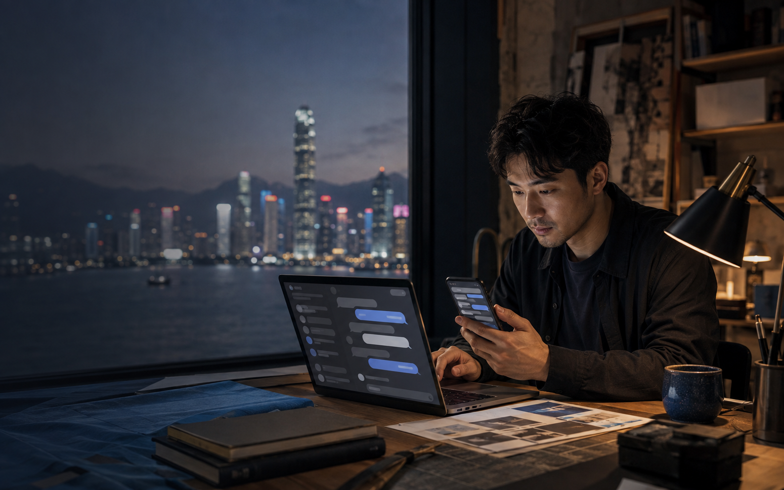 香港創業者在夜間工作室查看手機與電腦上的社交討論