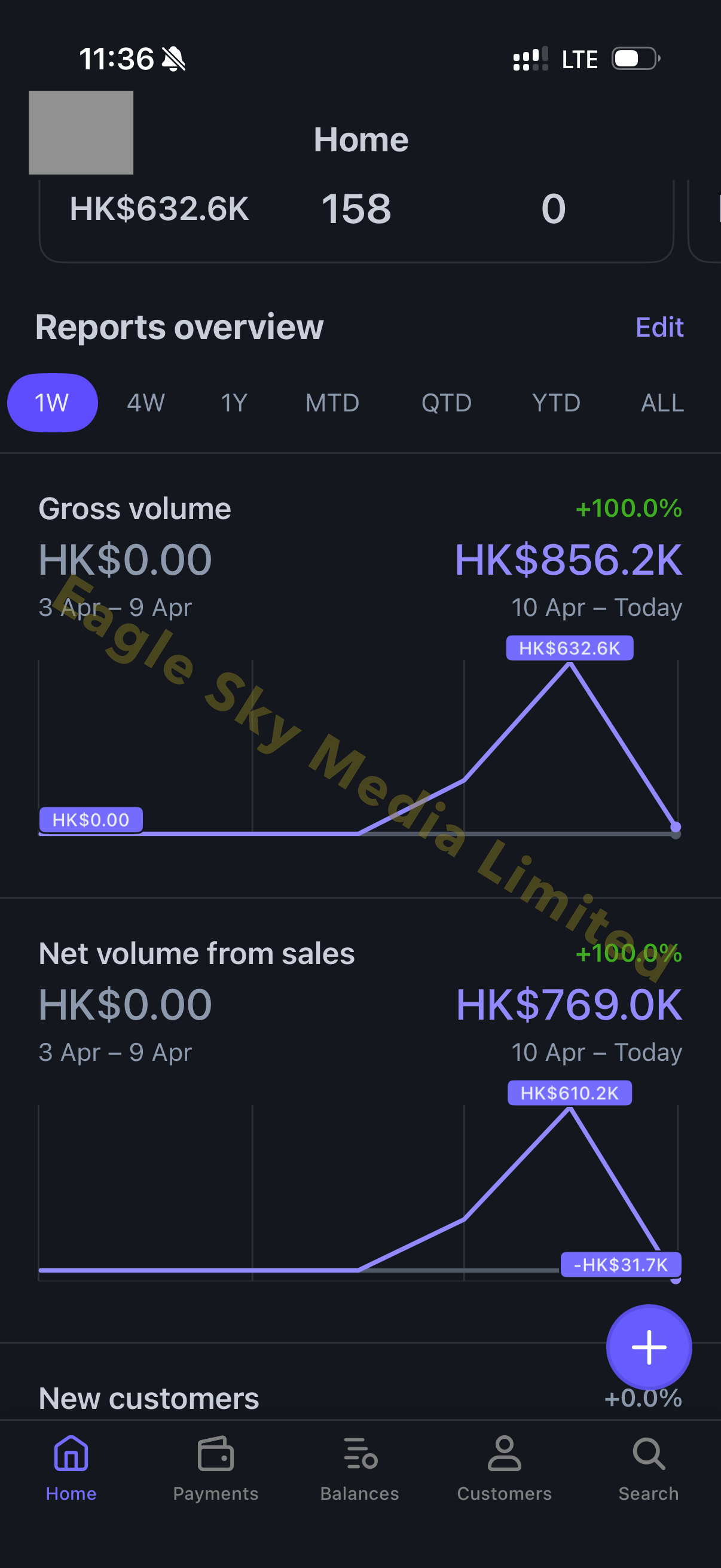 Stripe 真實帳戶報告，顯示銷售額及淨銷售額增長